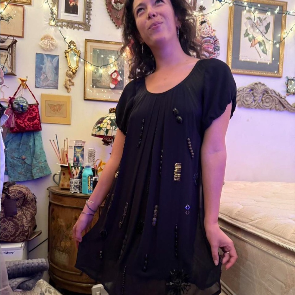 Yoanna Baraschi Anthropologie Silk Black Embellished Dress Small
